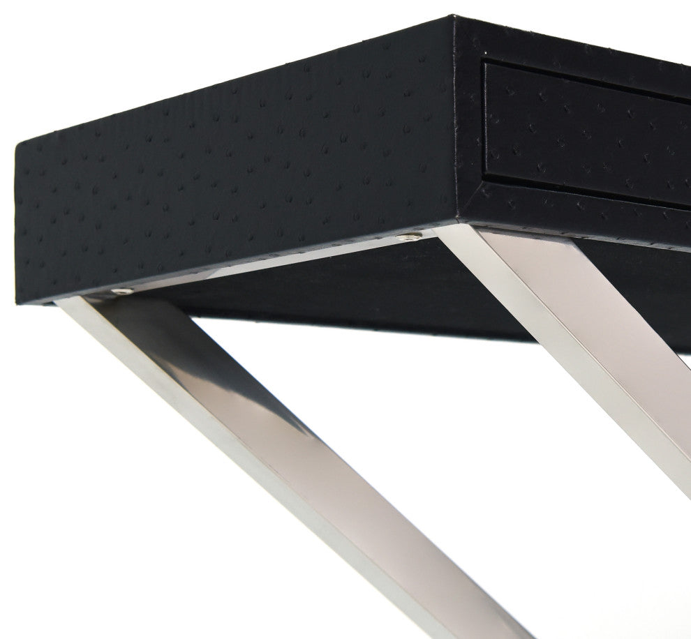 Black Ostrich Leather Console Table With Stainless Steel Legs
