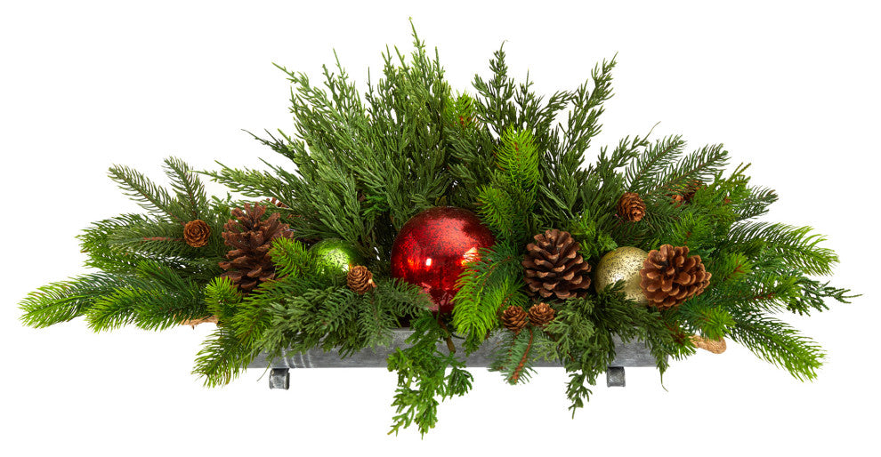 24" Cedar Pine, Pinecones and Ornaments Faux Christmas Arrangement, Tin Vase