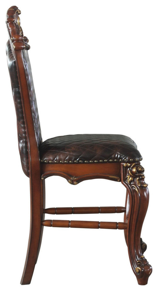 Leatherette Padded Counter Height Chair With Carvings, Set of 2, Brown