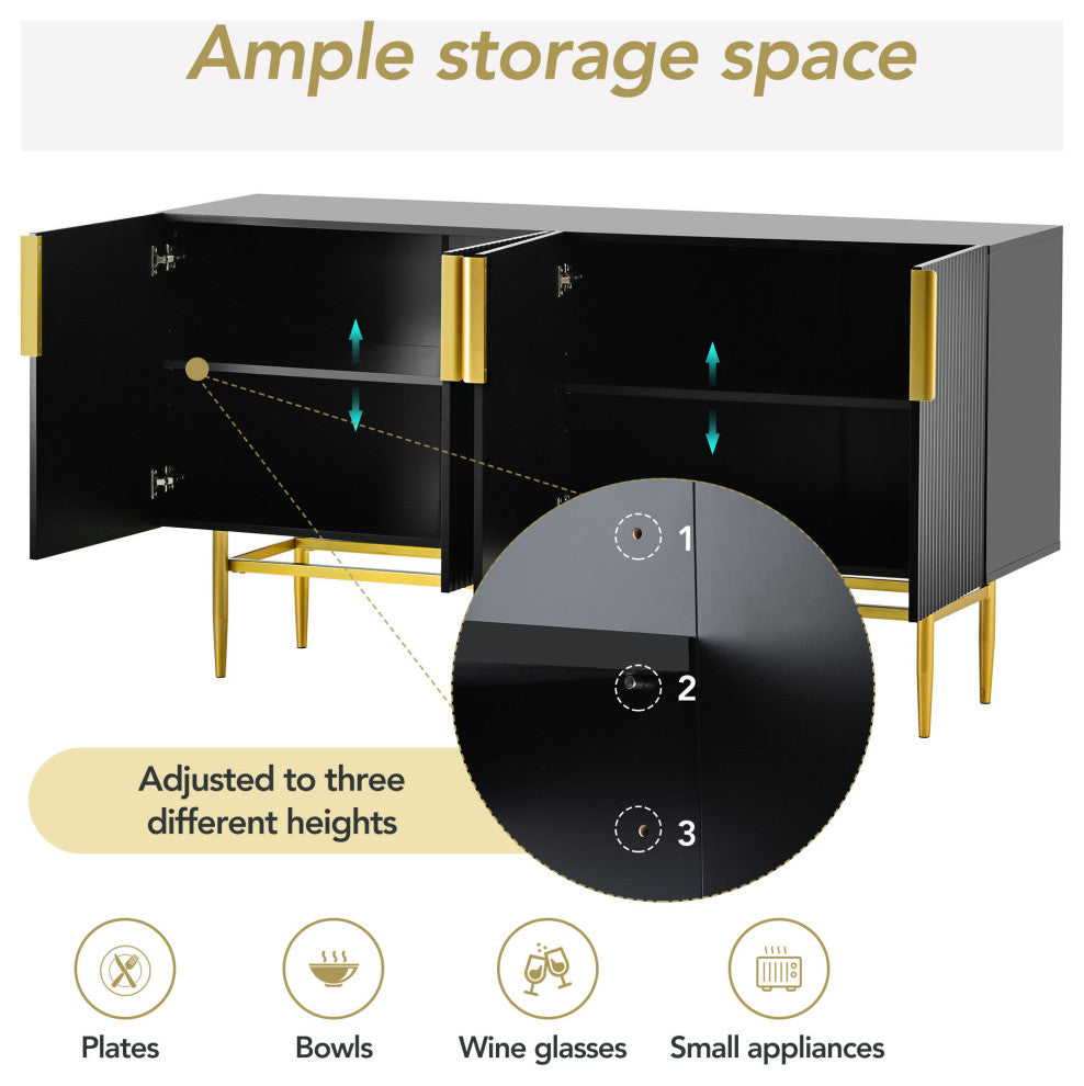 TATEUS 60" Modern Elegant 4-door Sideboard,Gold Metal Handle Storage Cabinet, Black