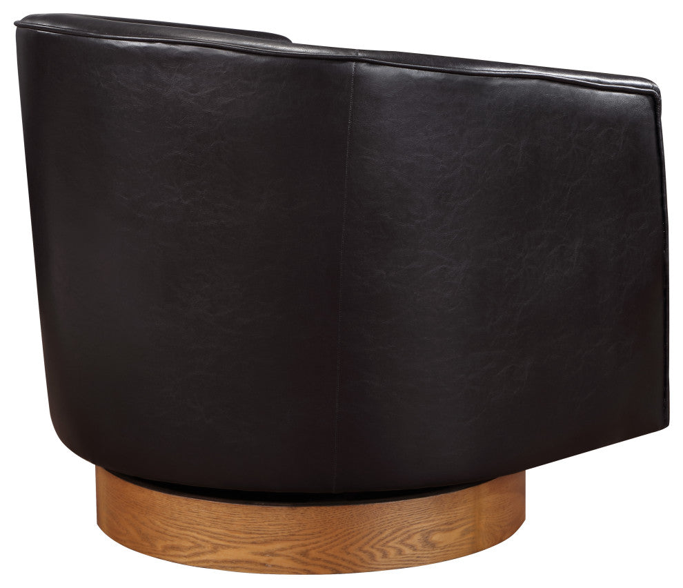 Irving Faux Leather Wood Base Barrel Swivel Chair, Dark Brown