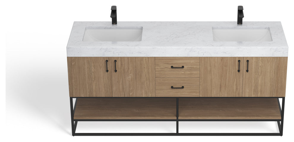 Bahia Bath Vanity, Oak, 72", Matte Black Hardware, Double, Freestanding