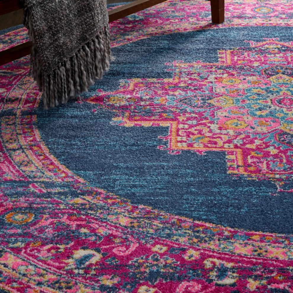 8 Round Blue and Pink Medallion Area Rug