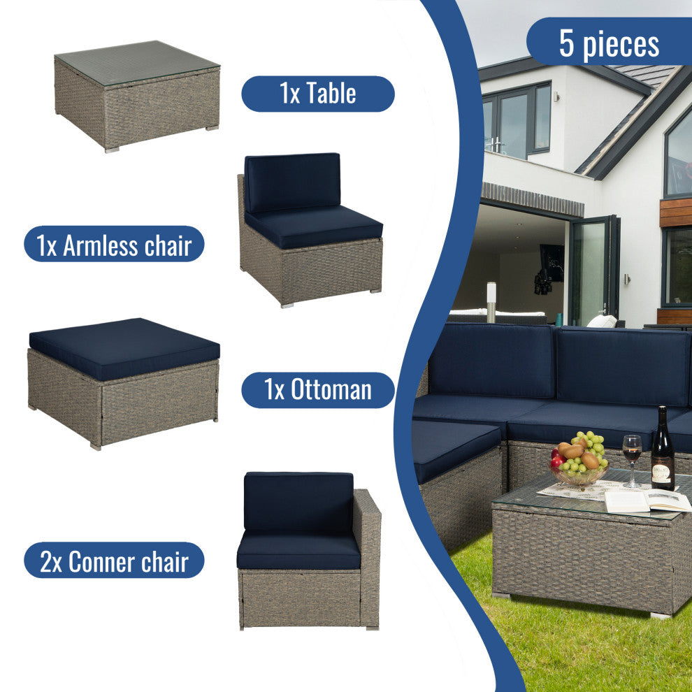 84" Wide Outdoor Wicker Reversible Patio Sectional With Cushions, Navy