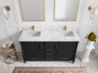 Aberdeen 60 Double Bathroom Vanity in Black 2" Carrara Marble