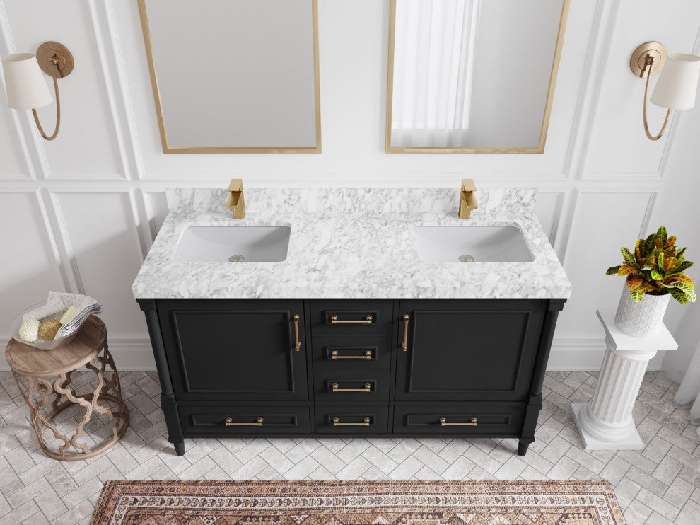 Aberdeen 60 Double Bathroom Vanity in Black 2" Carrara Marble