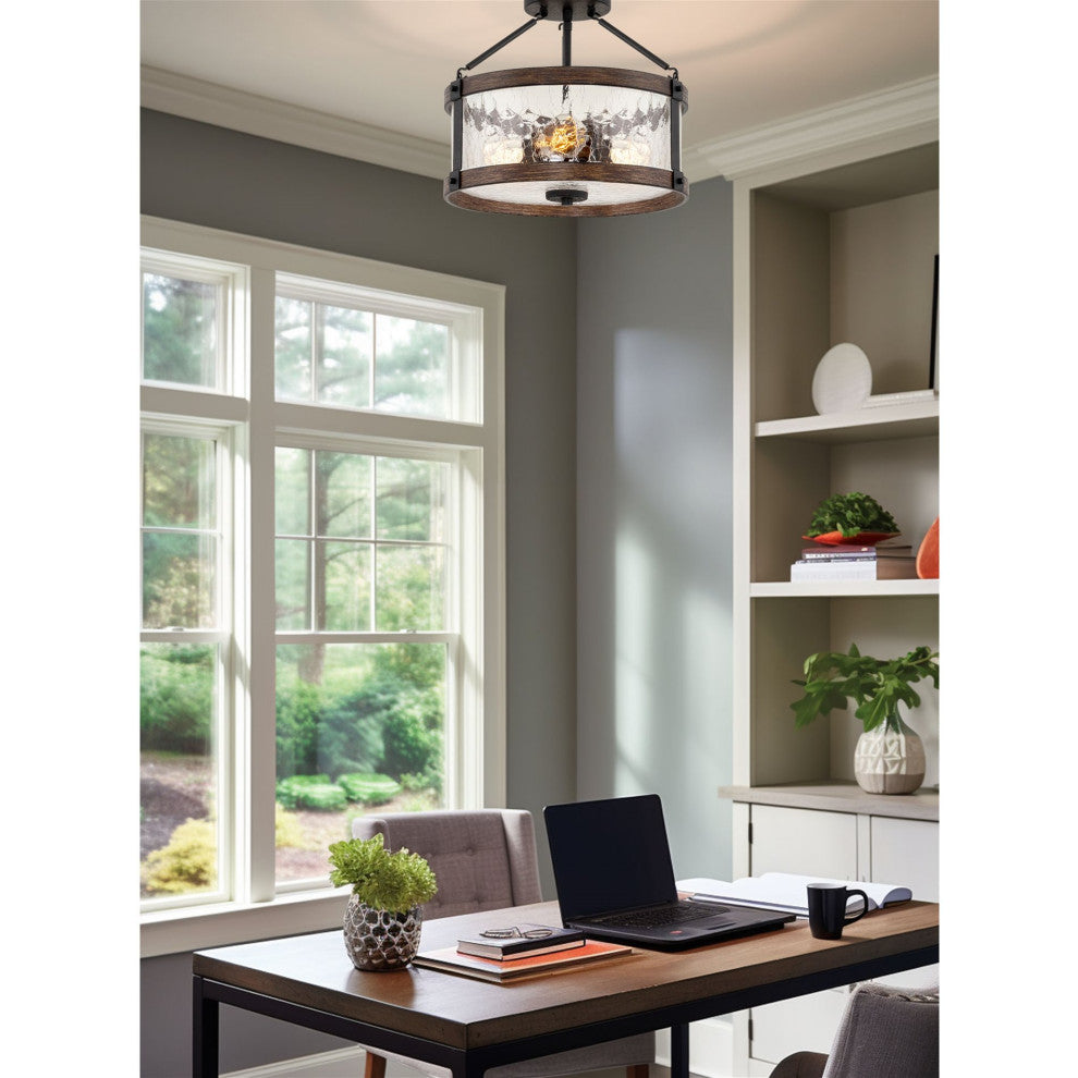 Kira Home Hadley 14" Farmhouse / Hall Light Ceiling, Crackled Glass Shade, Wood