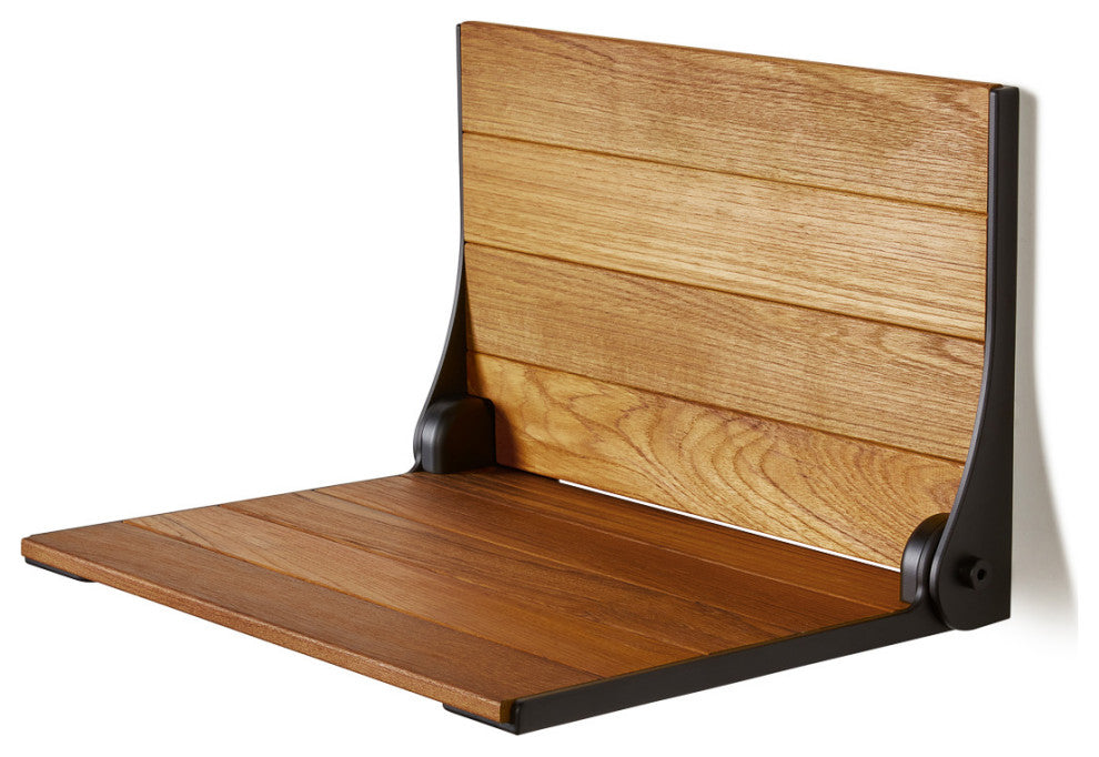 Silhouette Natural Teak Wood Folding Shower Bench Seat, Matte Black Frame