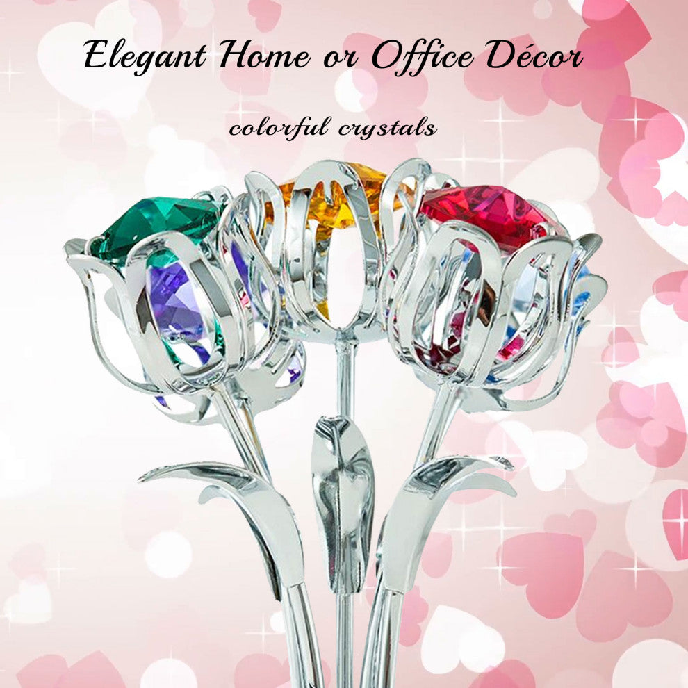 Matashi Chrome Plated Flowers Bouquet and Vase With Colorful Crystals Home Decor