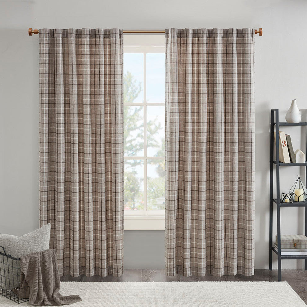 Madison Park Anaheim Plaid Window Panel with Fleece Lining, Beige, Brown, 50x95", Rod Pocket Window Panel