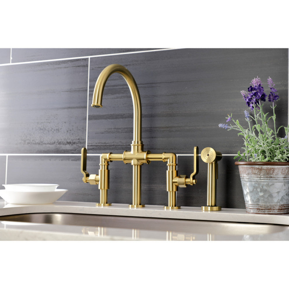 KS2337KL Industrial Style Bridge Kitchen Faucet and Brass Sprayer, Brushed Brass
