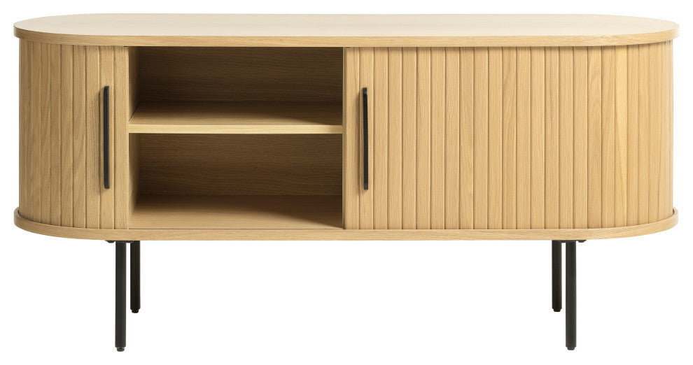 Mid-Century Modern Rounded Sliding Door TV Lowboard, Natural Oak, 47"