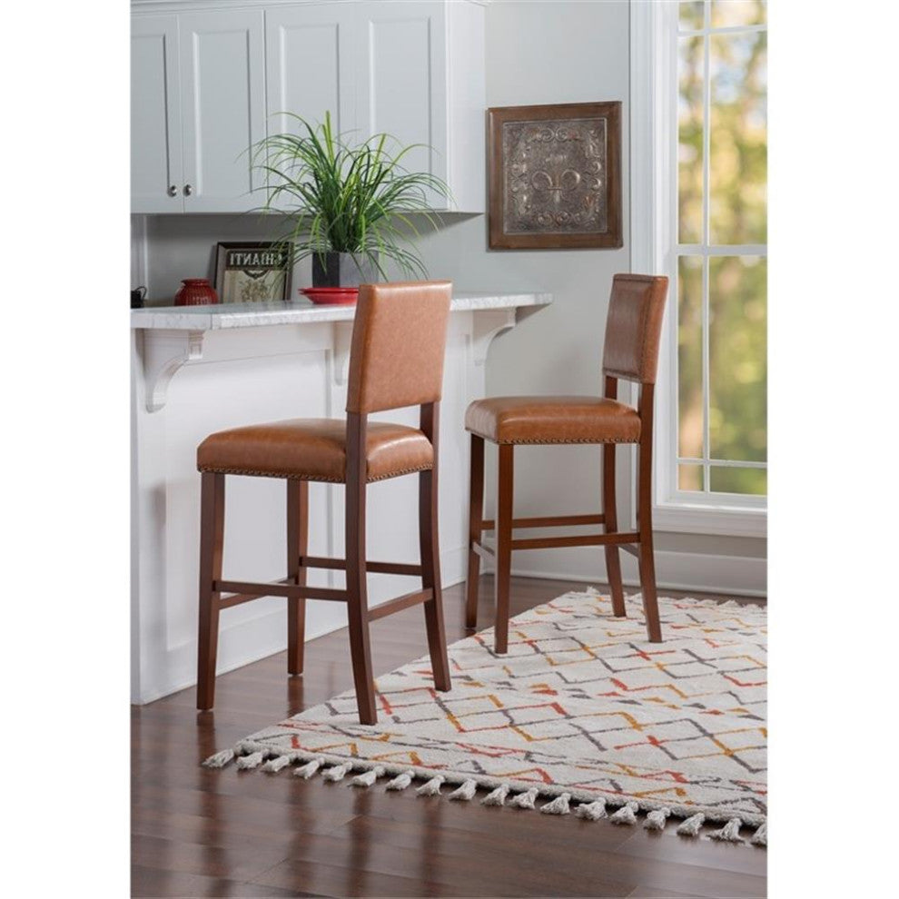 Linon Brook 30" Wood Bar Stool Caramel Faux Leather Nailhead Trim in Walnut