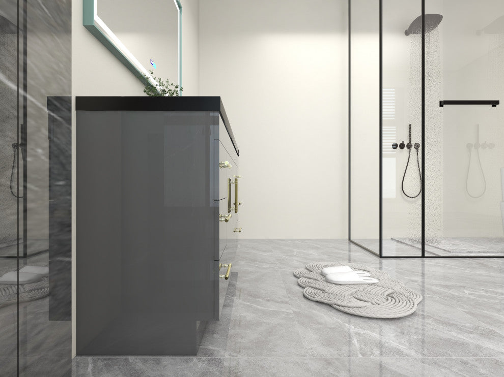 Rosa 60" Free Standing Modern Vanity, High Gloss Gray, Matt Black Top