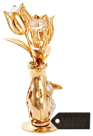 24K Gold Plated Crystal Flower Ornament in a Vase w/ Butterfly by Matashi