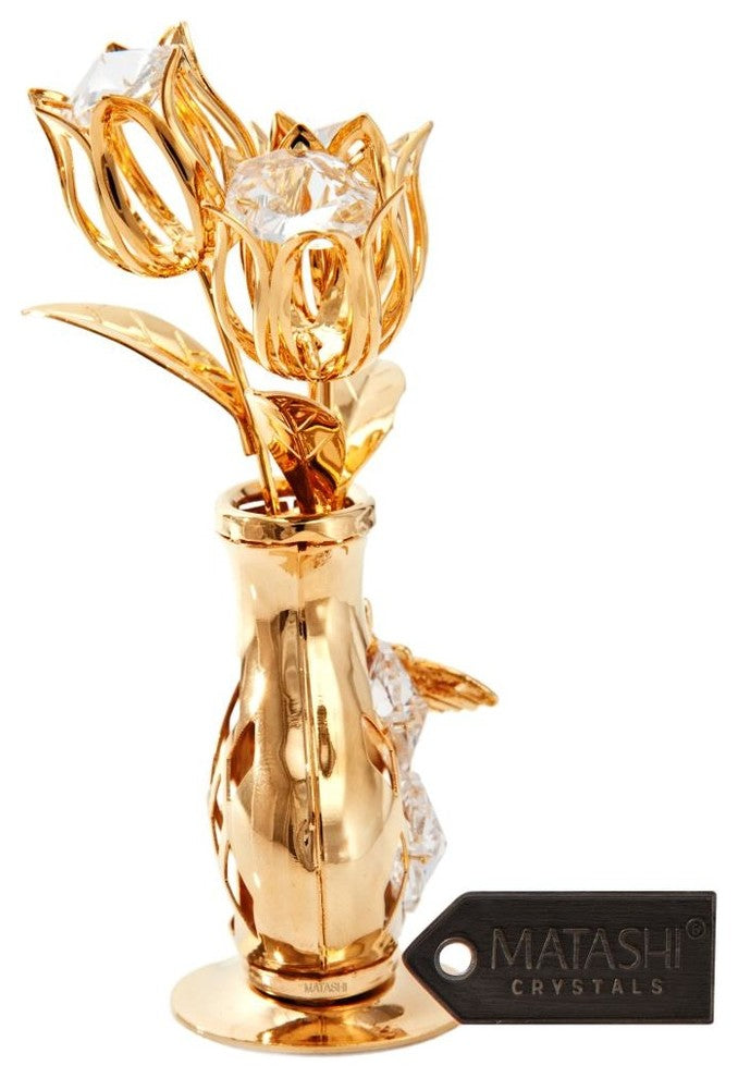 24K Gold Plated Crystal Flower Ornament in a Vase w/ Butterfly by Matashi