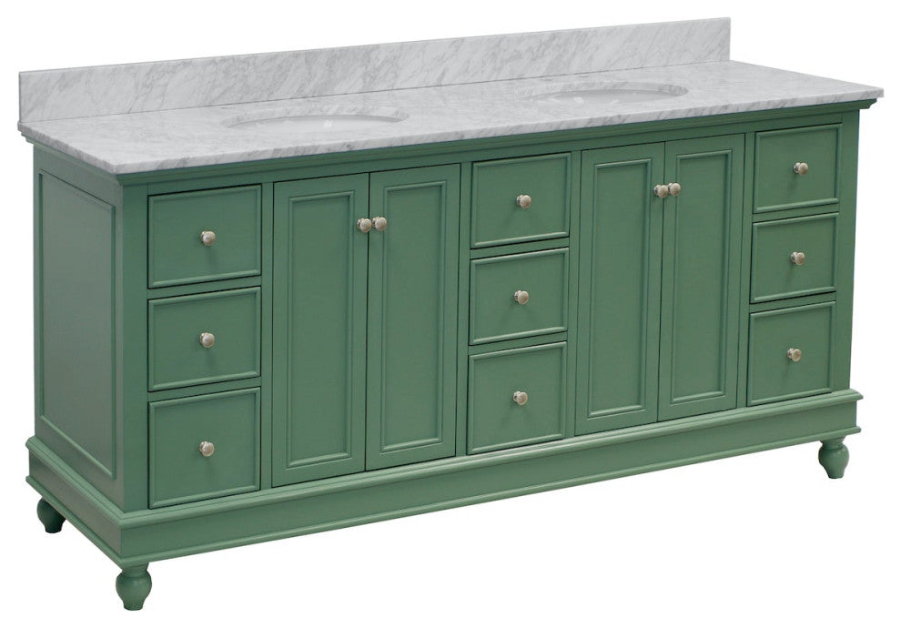 Bella 72" Double Bath Vanity, Base: Sage Green, Top: Carrara Marble