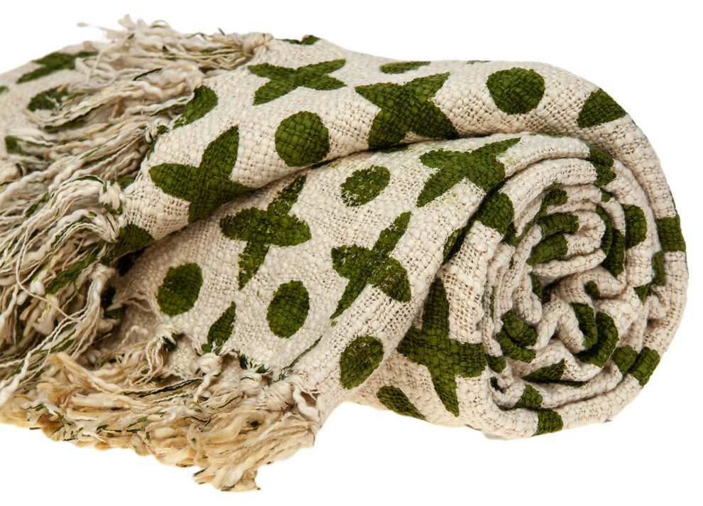 Olive Green and Beige Cotton Woven Handloom Throw