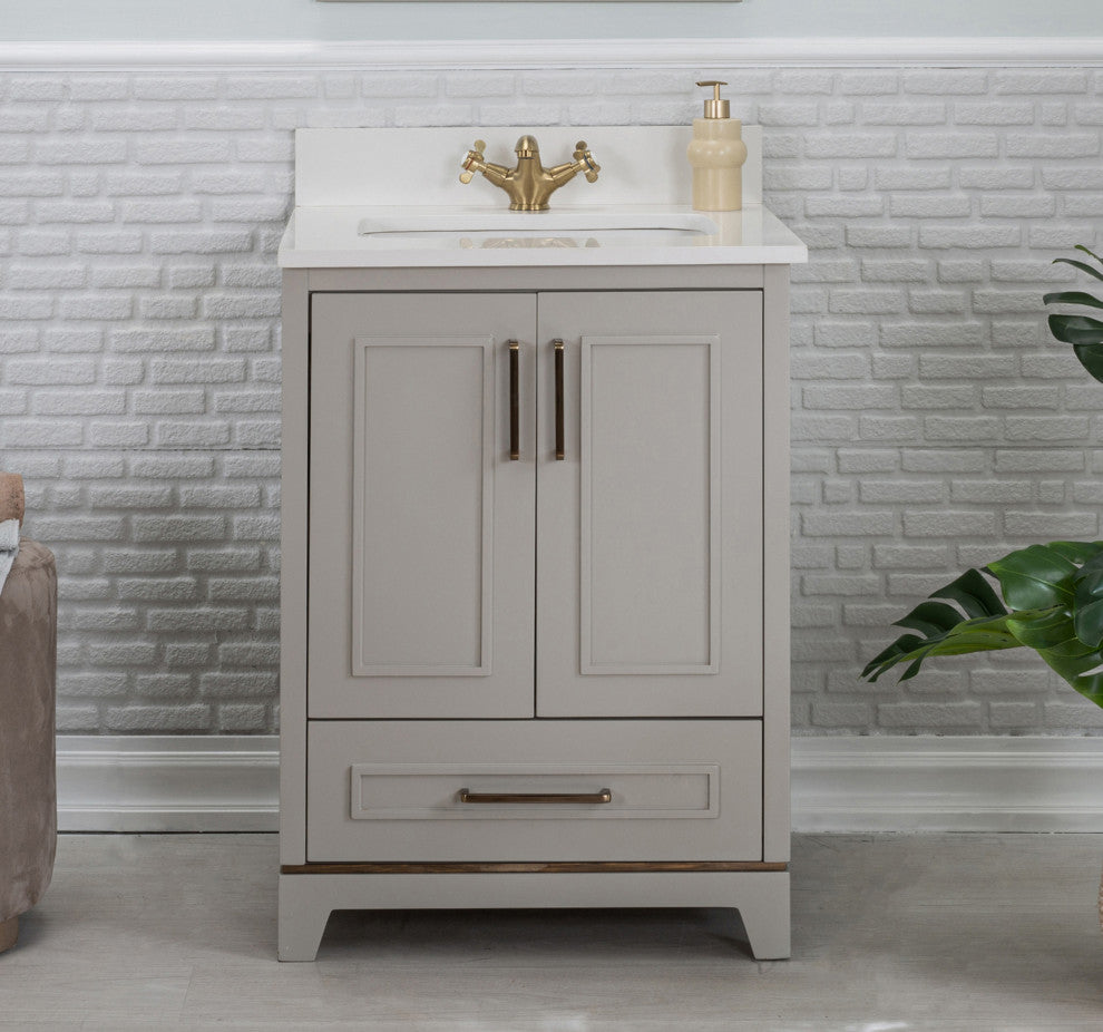 Albia Collection 24" Bathroom Vanity With Quartz Countertop and Ceramic Sink, Gray