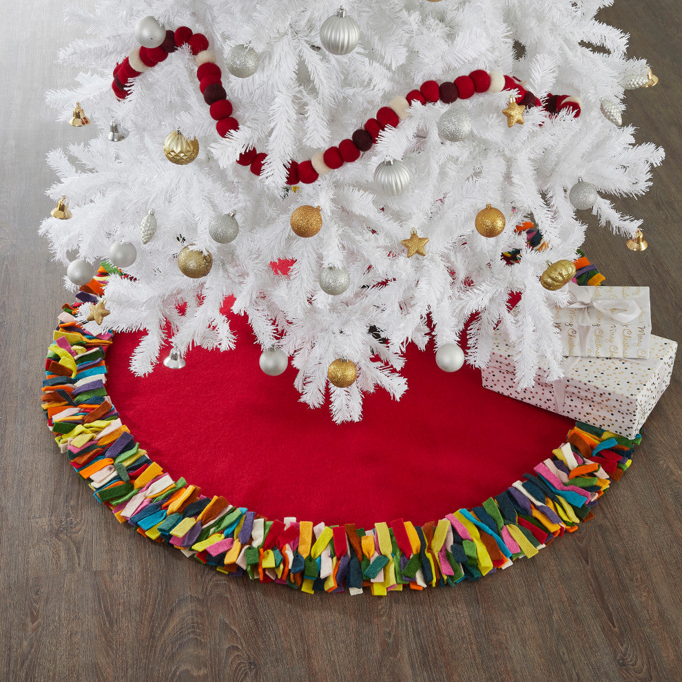 Multicolored Fringe Tree Skirt in Red Hand Felted Wool