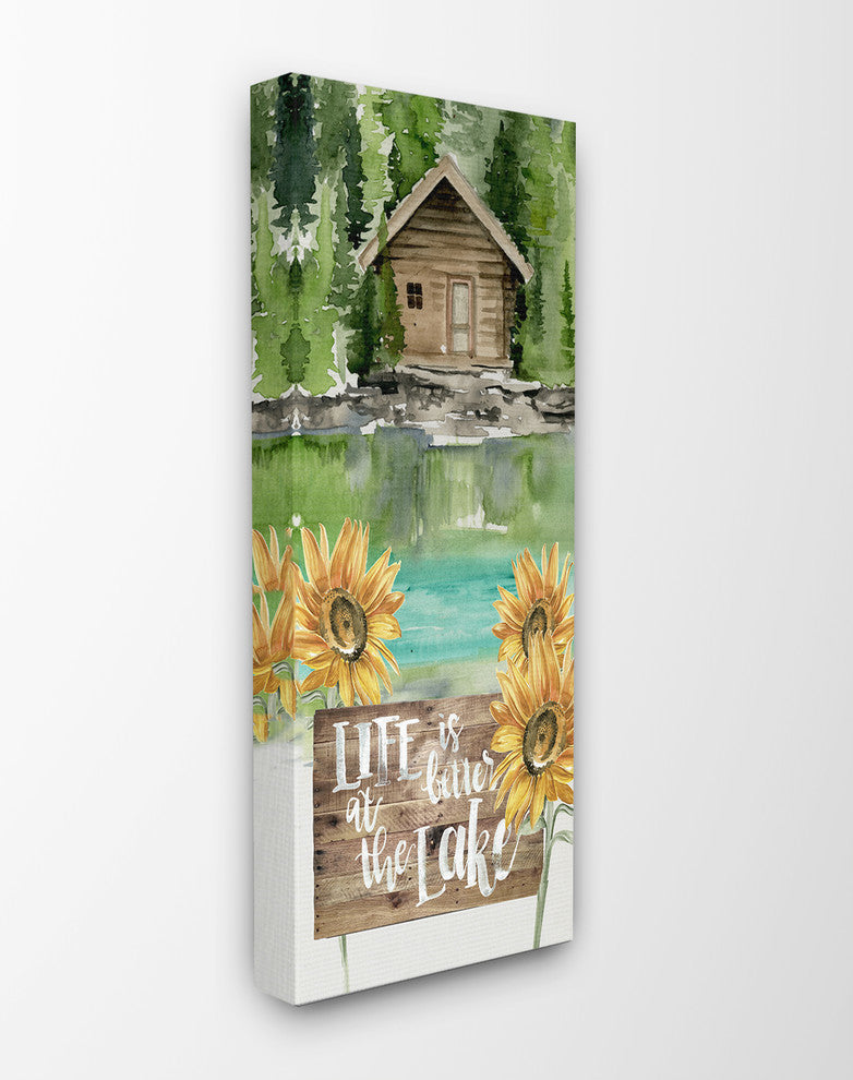 Cabin by a Lake with Sunflowers Watercolor Painting Stretched Canvas, 10"x24"