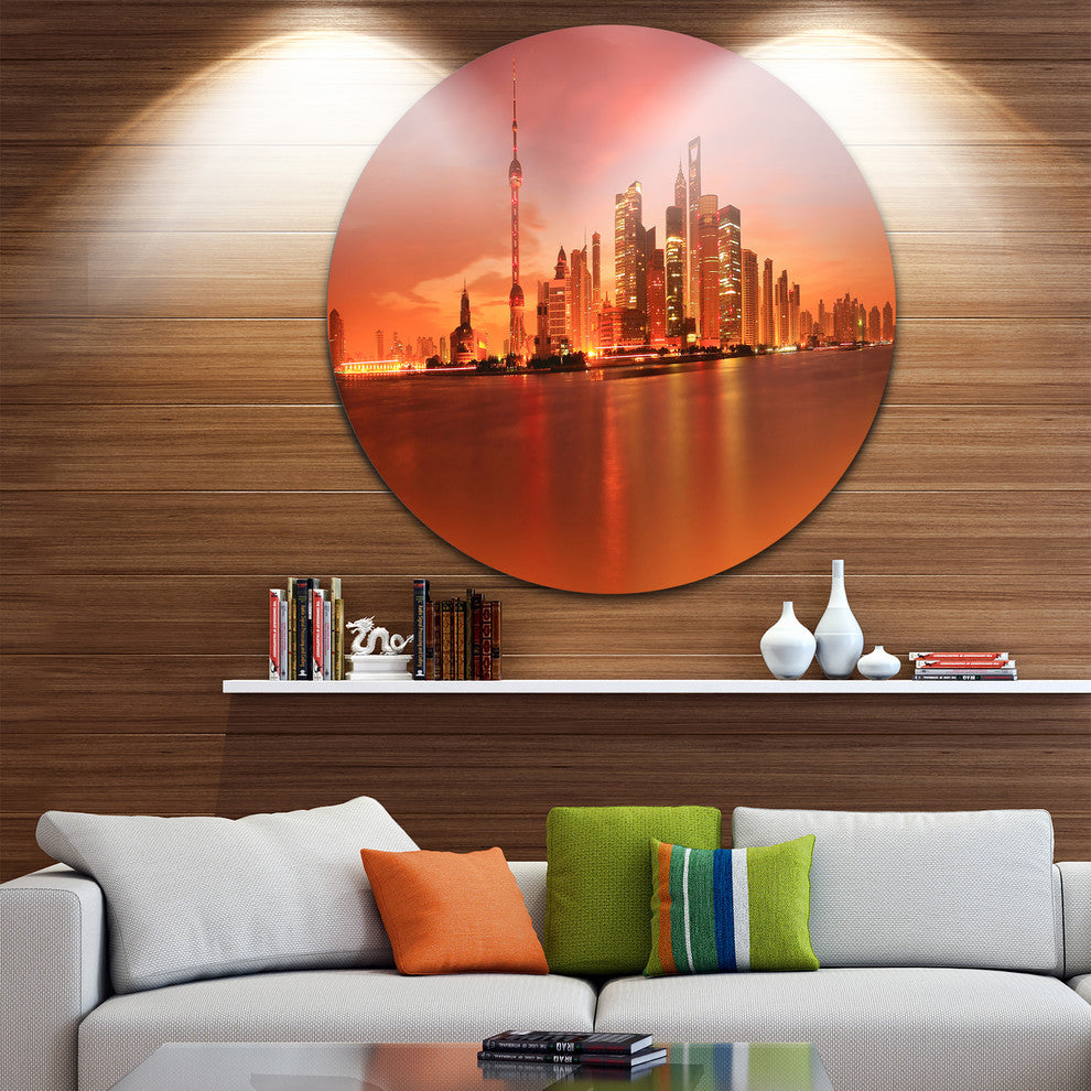 Shanghai Lujiazui Skyline, Cityscape Photo Round Metal Wall Art, 11"