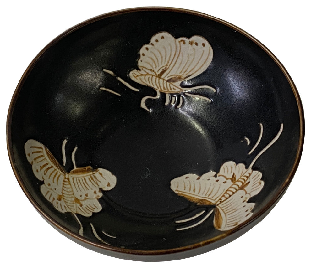 Chinese Ware Brown Black Glaze Butterflies Ceramic Bowl Cup Display Hws3157