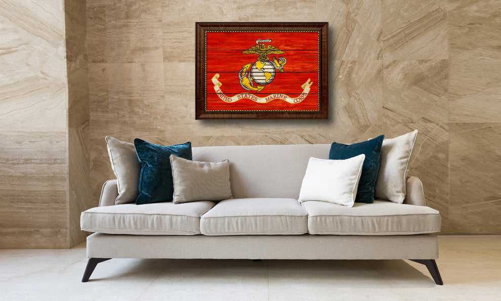 US Marine Military Textured Flag Print With Brown Gold Frame, 19"X27"