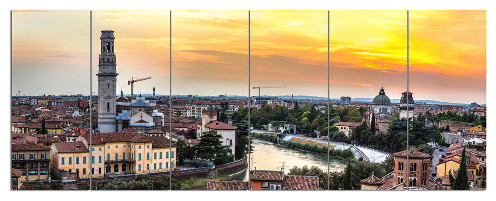 Verona at Sunset in Italy, Cityscape Canvas Art Print, 70"x28", 6 Panels