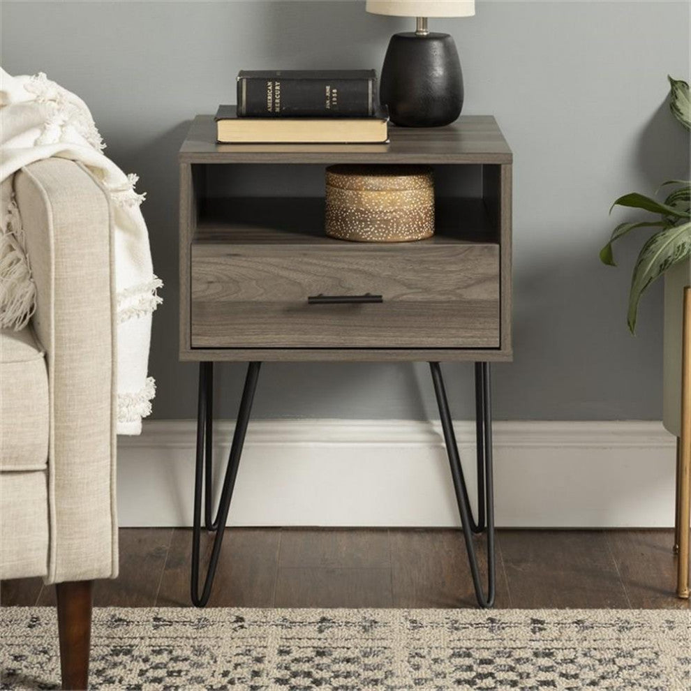 Pemberly Row 18" Single Drawer Hairpin Leg Bedroom Nightstand in Slate Gray