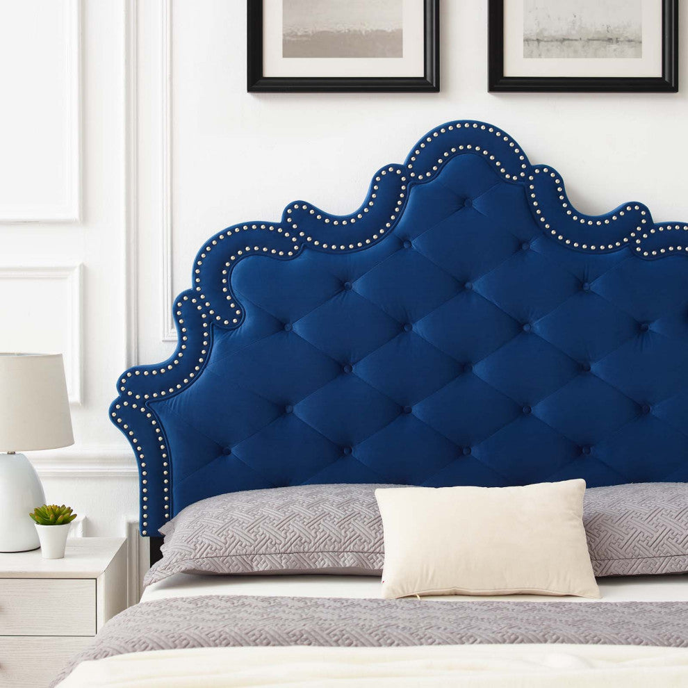 Tufted Headboard, Nailhead, Twin Size, Blue Navy, Velvet, Modern, Mid Century