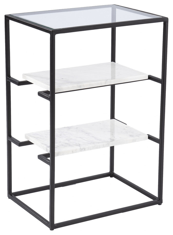 24" Black Glass and Marble Rectangular End Table With Two Shelves