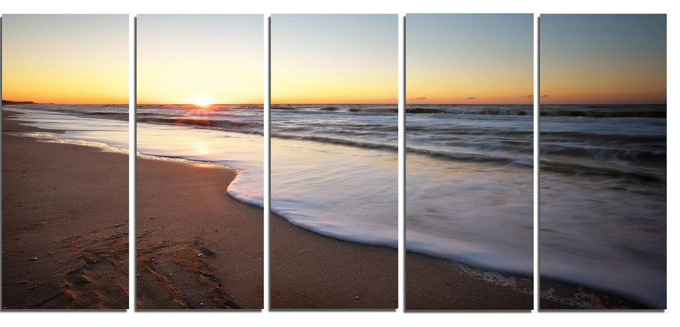 Seashore under Fiery Sunset Sky, Modern Seashore Canvas Art, 60"x28", 5 Panels
