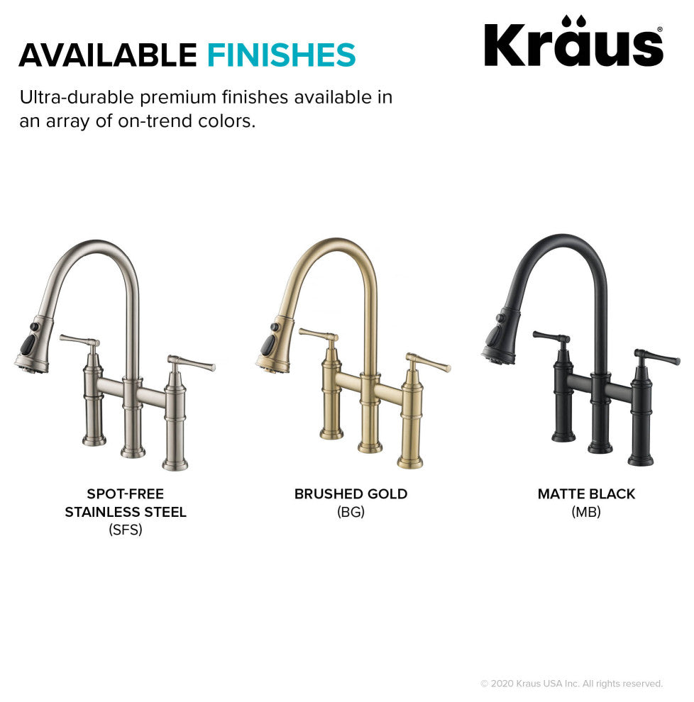 Allyn Traditional 3-Function Bridge Pull-Down Kitchen Faucet Brushed Gold