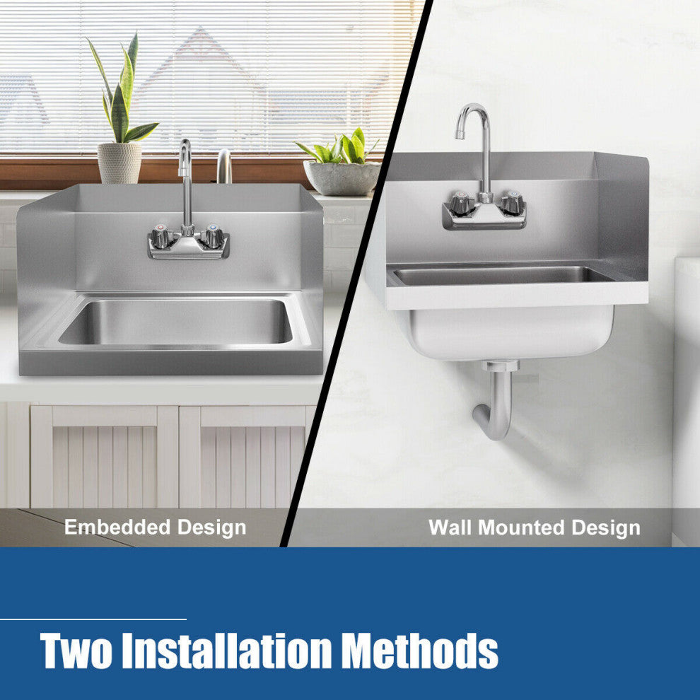 Costway Stainless Steel Hand Washing Sink NSF with Faucet and Side Splashes