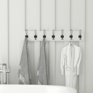 34 Inch Wall Mounted Solid Wood Storage Rack with 7 Hanging Hooks- White