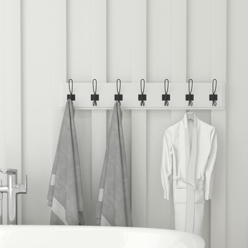 34 Inch Wall Mounted Solid Wood Storage Rack with 7 Hanging Hooks- White