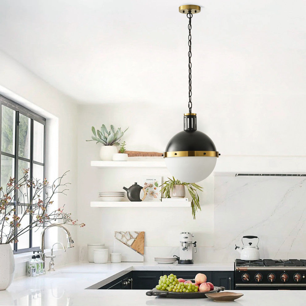 13-Inch Matte Black Globe Pendant Light with Half Opal Glass Shade