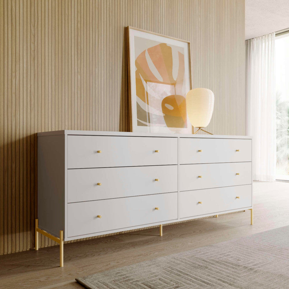 Jasper 71.65" Double Dresser With Steel Gold Legs, White Gloss