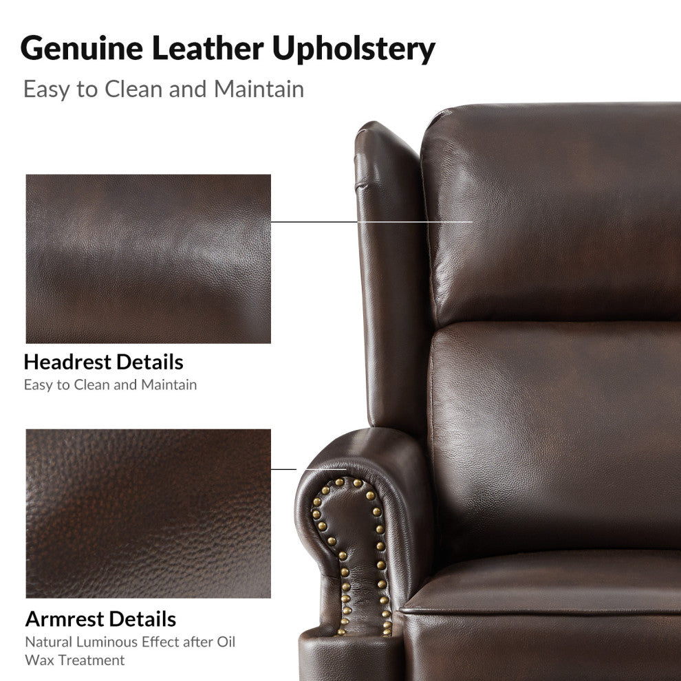 Genuine Leather Manual Recliner With Brass Nailhead, Espresso