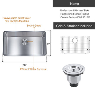 Dowell Undermount Single Bowl Stainless Kitchen Sink - Small Radius, 28w X 16l X 9d
