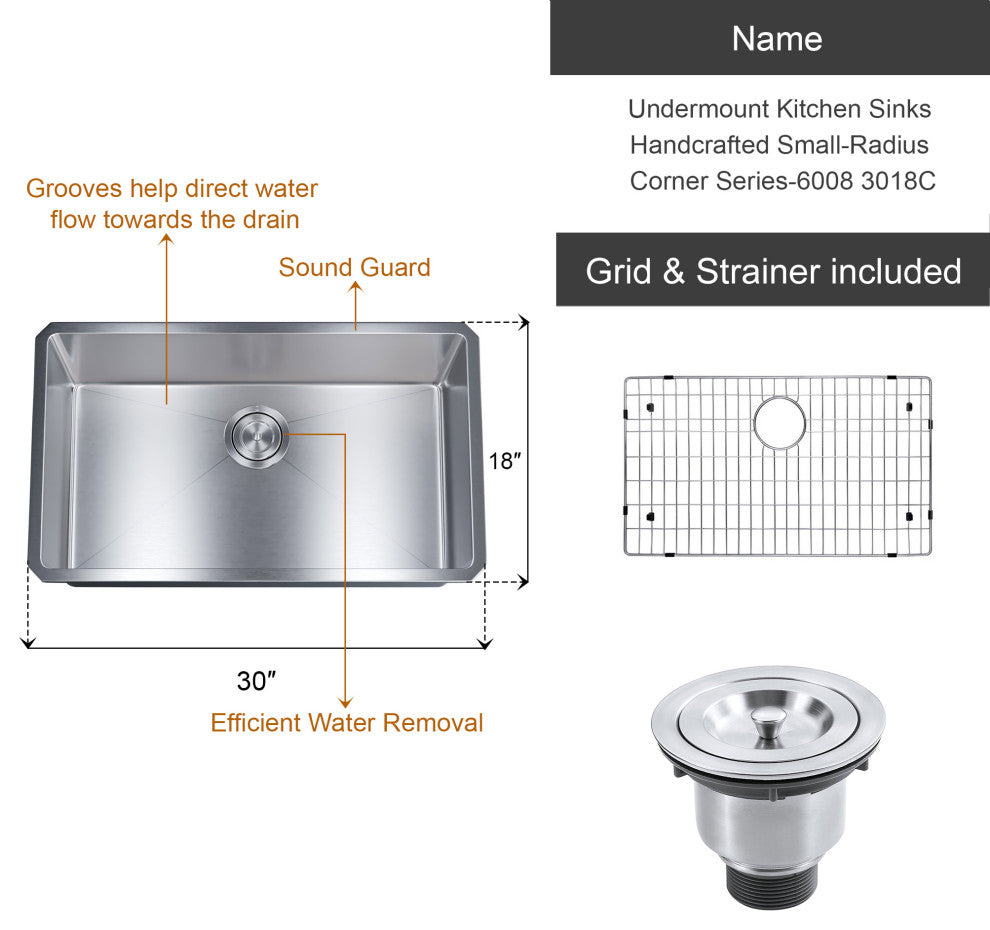 Dowell Undermount Single Bowl Stainless Kitchen Sink - Small Radius, 28w X 16l X 9d