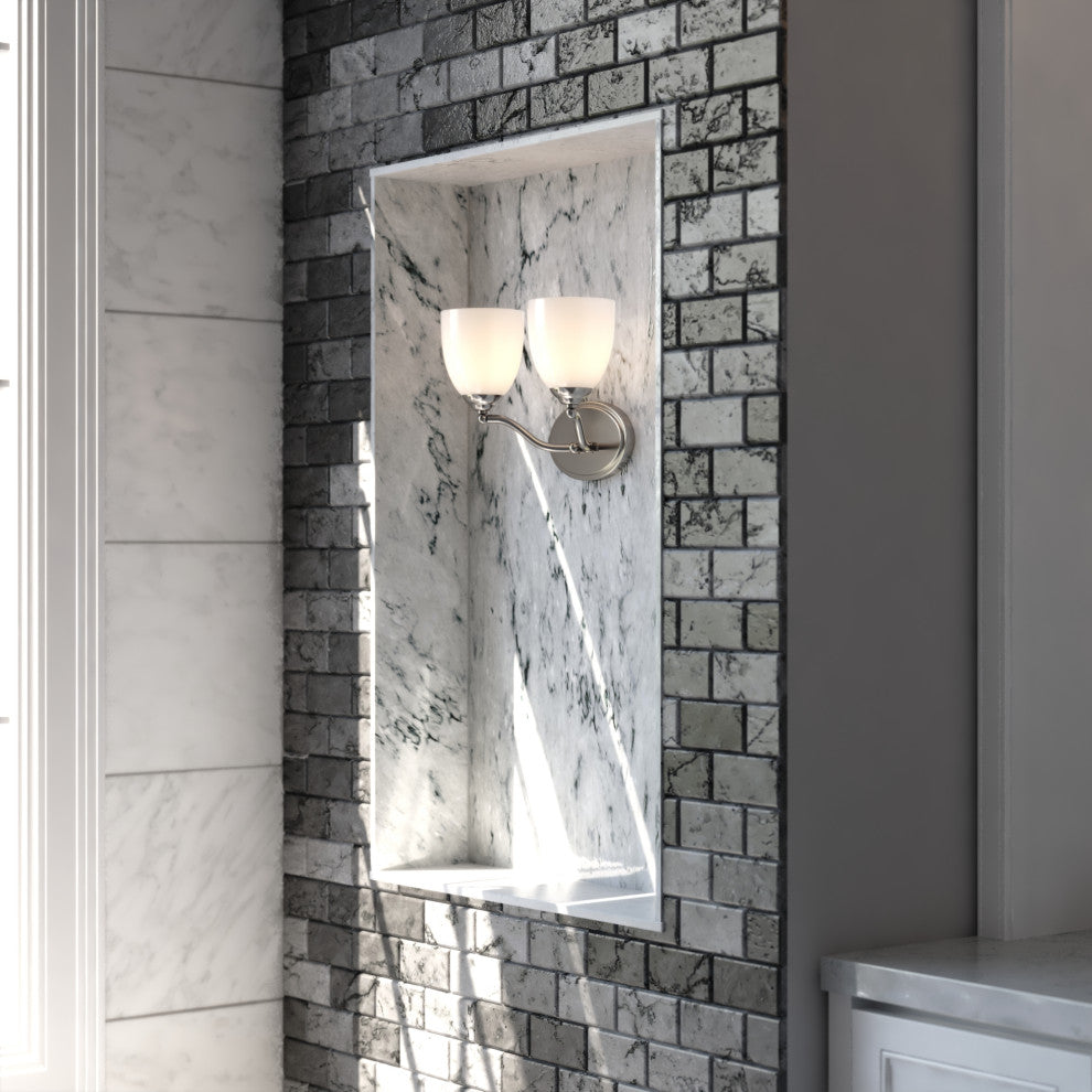 Bellwood 13.5" 2-Light Traditional Nickel Bathroom Vanity Fixture, Glass Shade, Satin Nickel, 2-Light