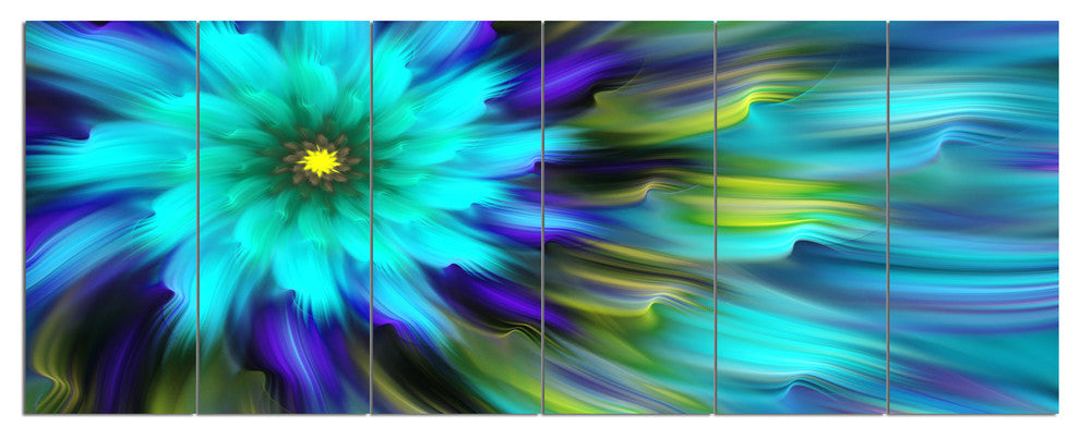 Massive Blue Green Fractal Flower, Floral Canvas Art Print, 70"x28", 6 Panels