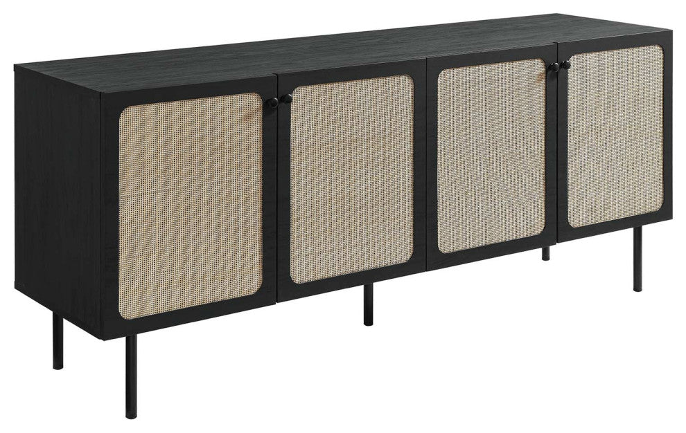 Cane Sideboard, Wood Rattan Buffet Table, BoHo Shabby Chic Credenza, Black