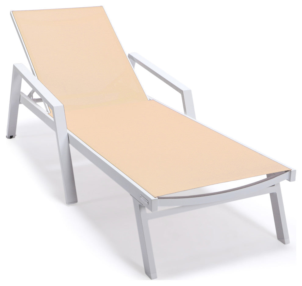 LeisureMod Marlin Patio Chaise Lounge Chair With Arms White Frame, Light Brown