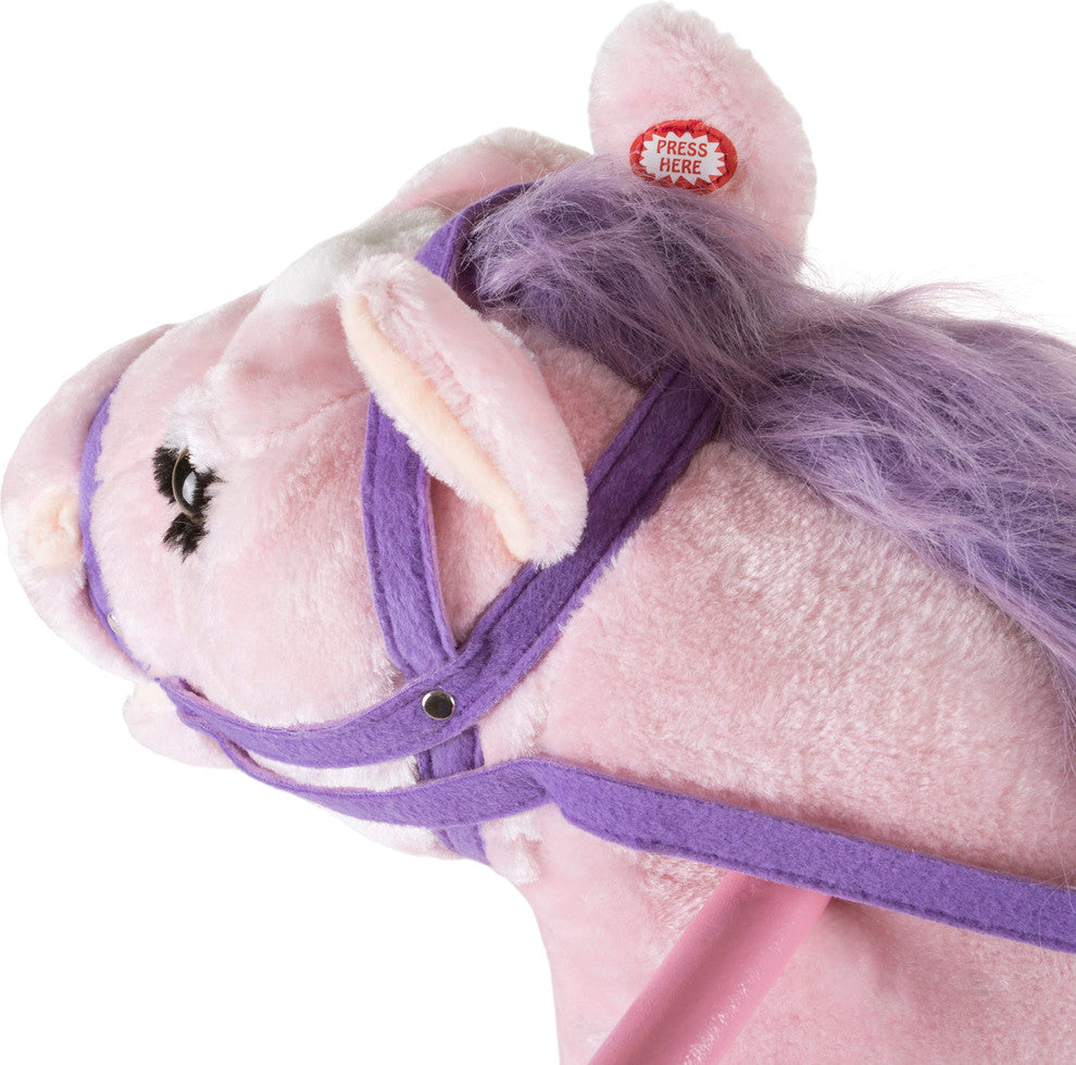 Spring Rocking Horse Plush Ride on Toy with Stirrups and Sounds, Pink