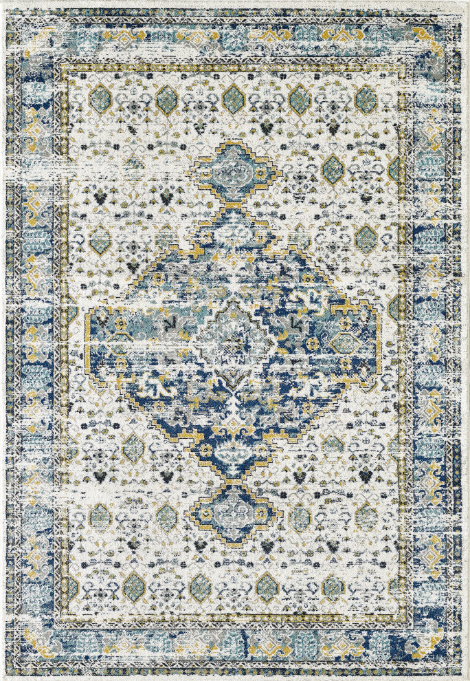 Abani Porto PRT160A Traditional Medallion Blue and Ivory Area Rug