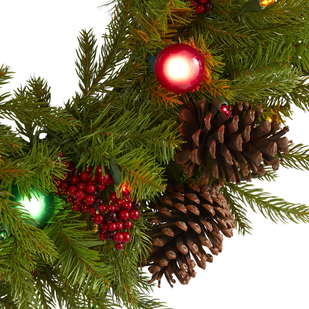 24" Xmas Faux Wreath W/ 50 Multicolor Lights, 7 Globe Bulbs, Berries & Pinecones