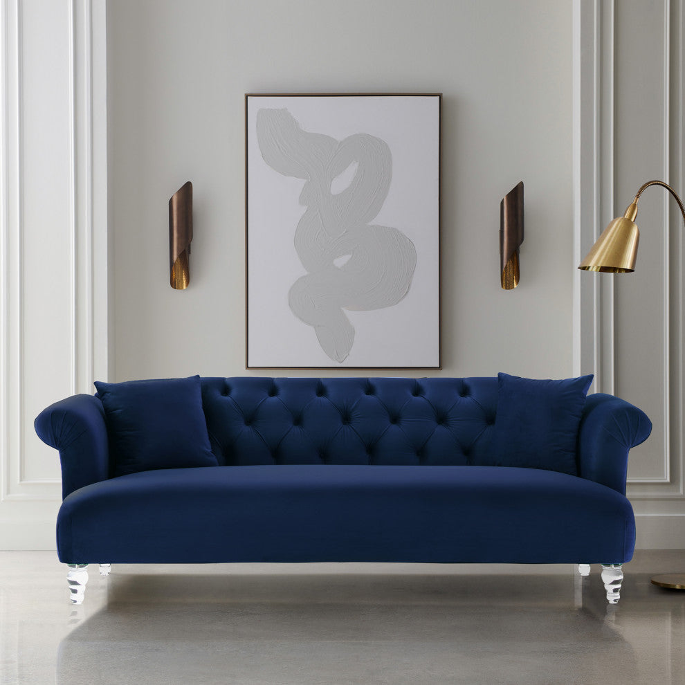 Elegance Contemporary Sofa, Blue Velvet With Acrylic Legs